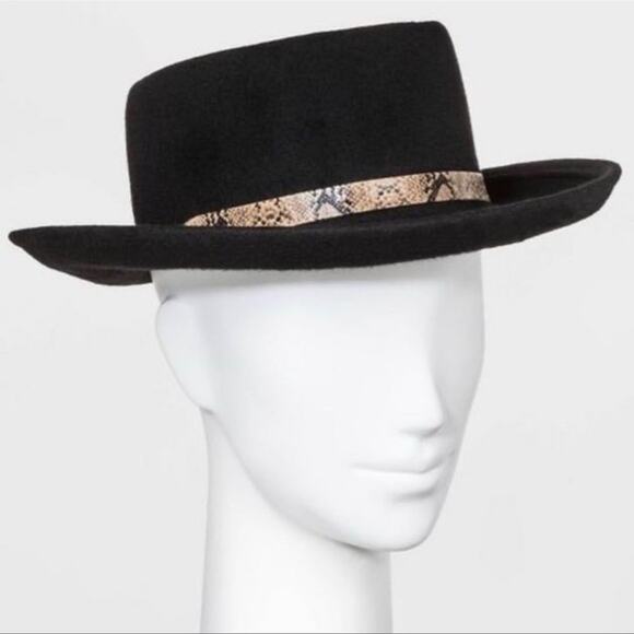 Universal Thread Hat Womens Black Felt Wool Bowler Snake Print adj Band NWT - Picture 3 of 7